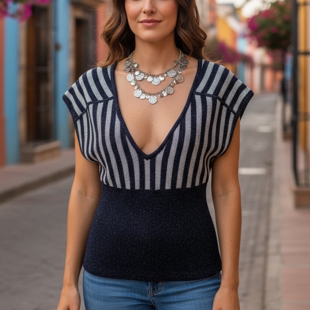 LUX URBAN OUTFITTERS BLUE & WHITE STRIPE V-NECK METALLIC KNIT SWEATER VEST SZ M